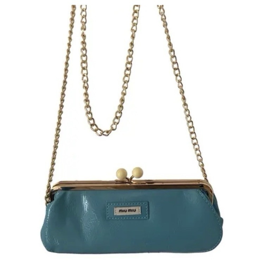 Miu Miu Turquoise Patent Leather Clutch Pochette Kiss-Lock with Gold Chain New